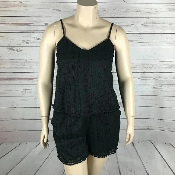 AMERICAN RAG Plus Size Pom Pom Trim Romper, Black, 0X - Picture 5 of 7